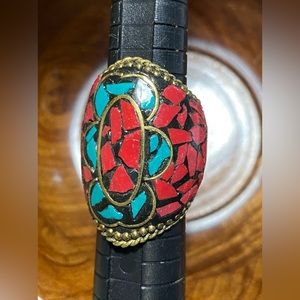 Turquoise & Red Coral Inlay Ring